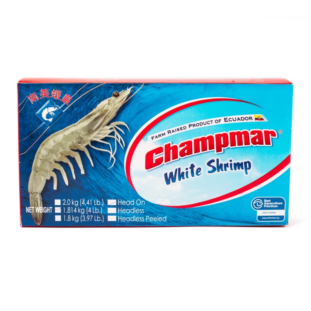 有壳南美虾
26/30W SHELL ON H/L CHAMPMAR
1.8KG净重/盒【6盒/箱】【63箱/板】  DongX
